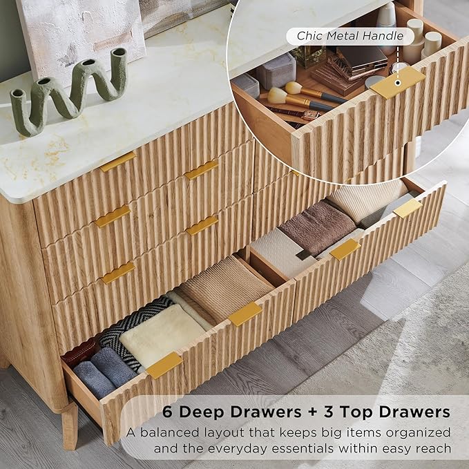 T4TREAM Fluted 9 Drawer Dresser, Modern Chest of Drawers - Image 5