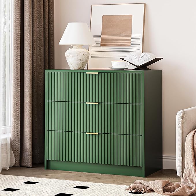 Green Fluted Dresser for Bedroom, 32 Inch Wide Nightstand by MAISONARIA