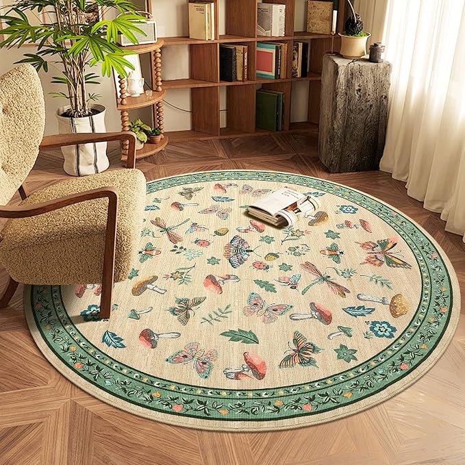 Mushroom Insect 4ft Round Rug Washable Non-Slip Soft Ultra-Thin Small Boho - Image 2