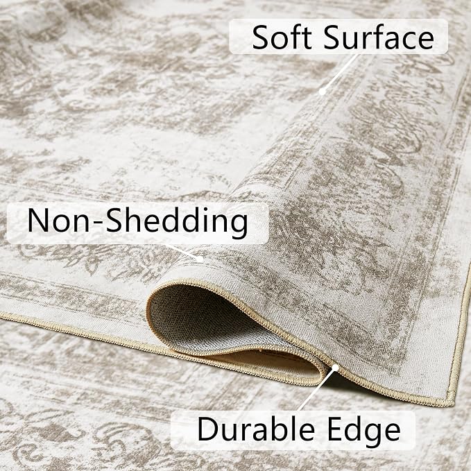 Area Rug 2x3 Beige Washable Entryway Vintage Medallion Carpet Non Slip Low Pile - Image 8