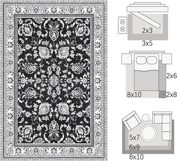 Area Rugs 5x7 Machine Washable Floral Rug Non Silp Faux Wool Vintage Soft Black - Image 2