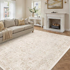 Beige Area Rug 6x9 Machine Washable Vintage Living Room Distressed Non Slip by PureCozy