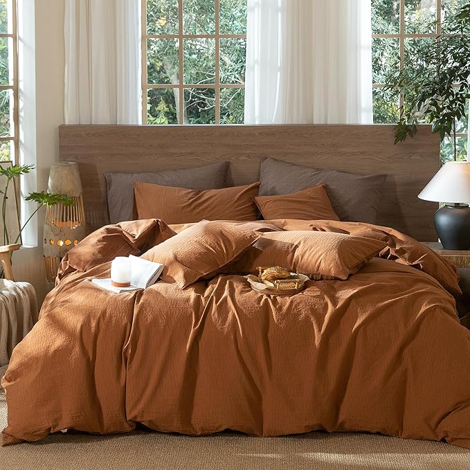 MooMee Wavy Striped Duvet Cover Set 100% Washed Cotton Linen Like Textured by MOOMEE