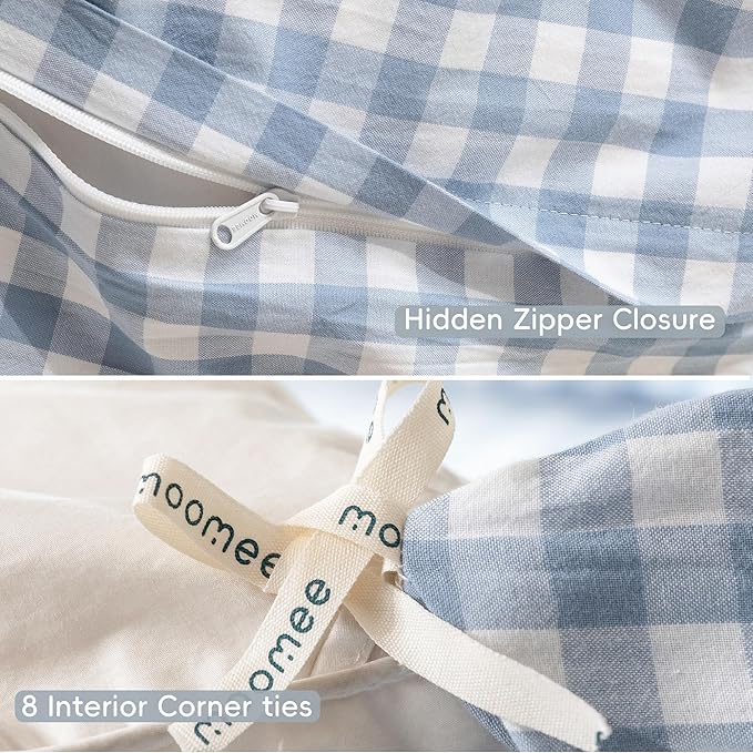 MooMee Gingham Duvet Cover Set 100% Washed Cotton Linen Like Textured - Image 8