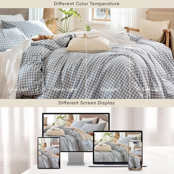 MooMee Gingham Duvet Cover Set 100% Washed Cotton Linen Like Textured - Image 7