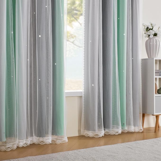 XiDi Curtains for Bedroom Decor, Rainbow Green LightgreyGrey52/54/1 - Image 3