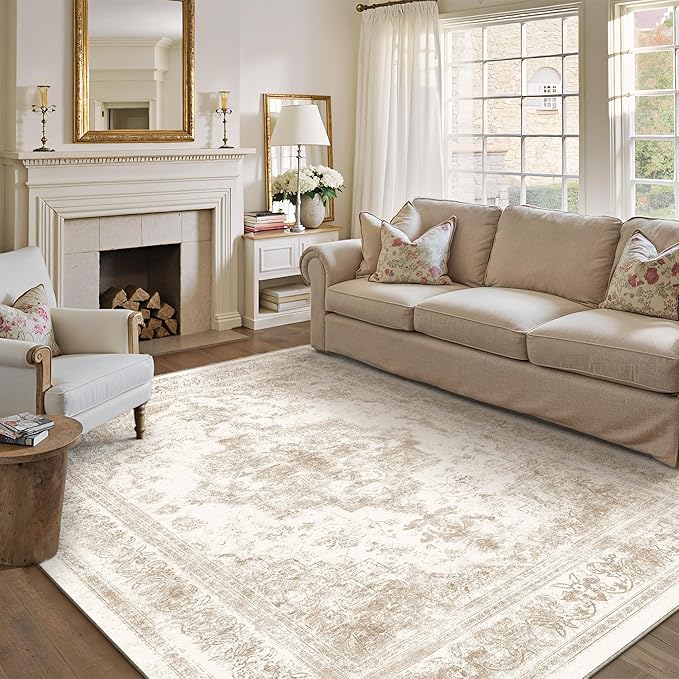 Area Rug 8x10 Cream Washable Living Room Beige Carpet Non Slip Vintage - Image 5