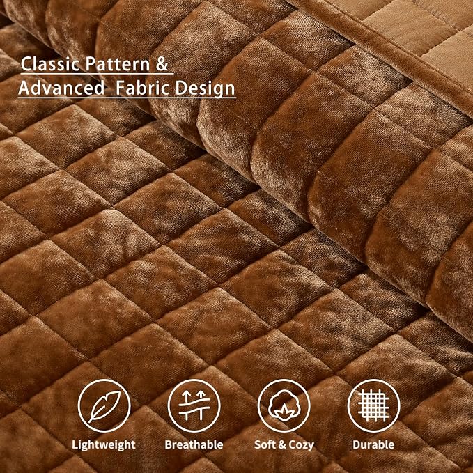 LEAONME Velvet Quilt Oversized California King-120''x120'', Lightweight Caramel - Image 5