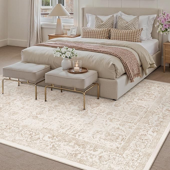 Beige Area Rug 5x7 Machine Washable Vintage Living Room Distressed Non Slip - Image 3