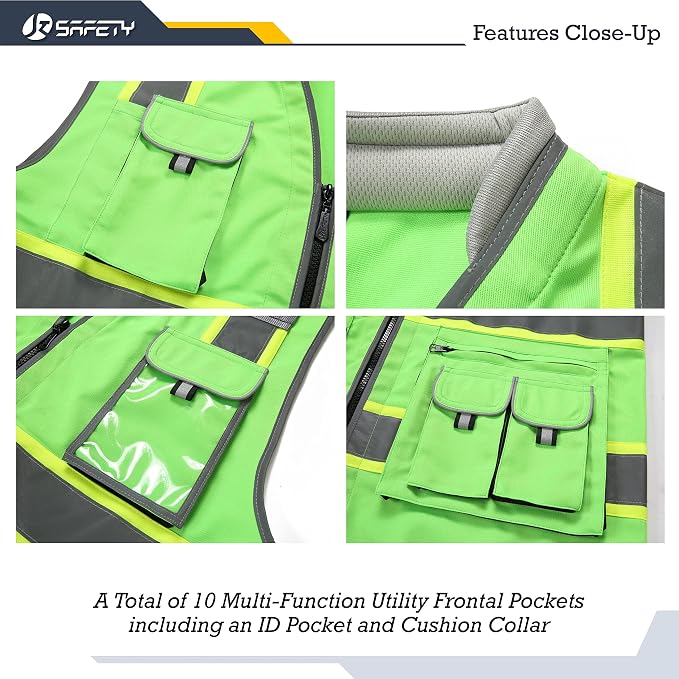 JKSafety 10 Pockets Hi-Vis Zipper Front Fluorescent Green Safety Vest | - Image 2