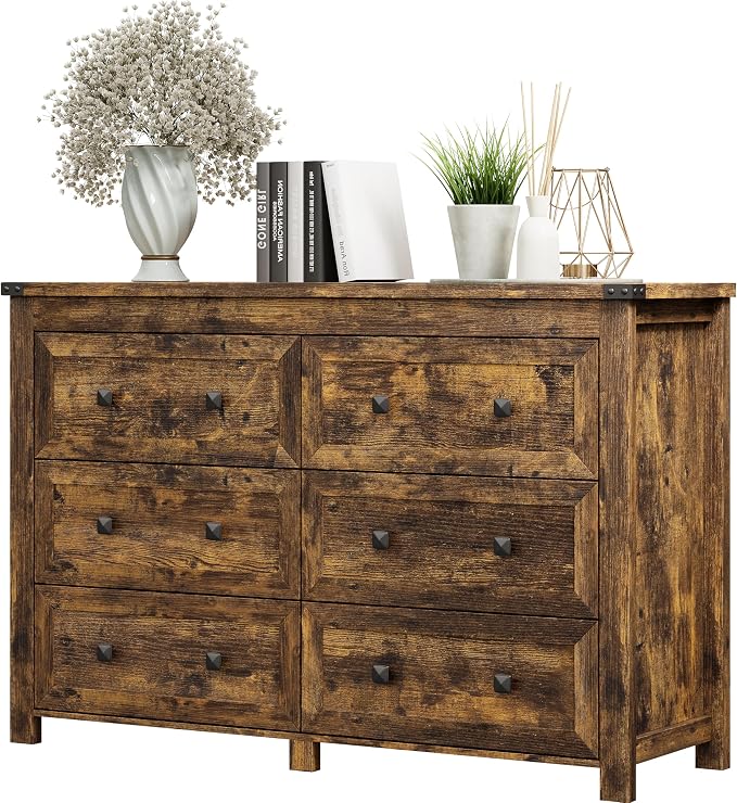 Dresser for Bedroom with 6 Drawers, Farmhouse Wood Chest of Drawers, Wide TV by Xixini