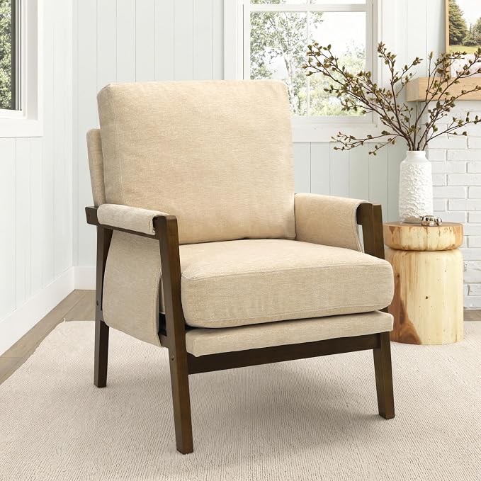 Beige Accent Chair for Bedroom & Living Room, Mid Century Modern Accent Arm by Yourexpertinhomefurniture