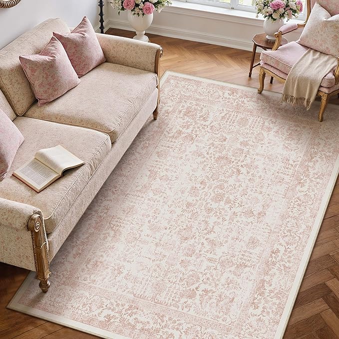 Pink Area Rug 5x8 Machine Washable Vintage Living Room Distressed Non Slip - Image 6