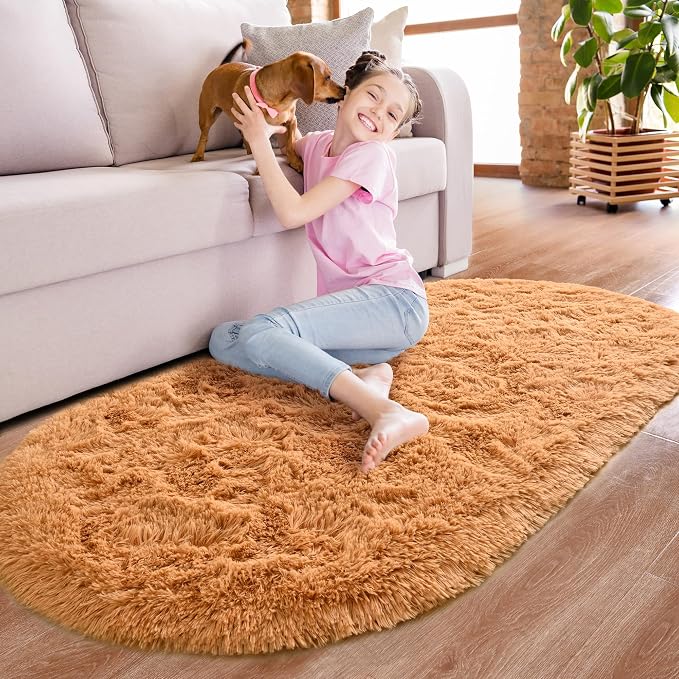 Noahas Fluffy Khaki Rugs for Bedroom Living Room, 2.6'X5.3' Oval Throw Rug for - Image 2
