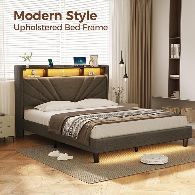 Rolanstar Queen Size Bed Frame, Storage Headboard - Image 7