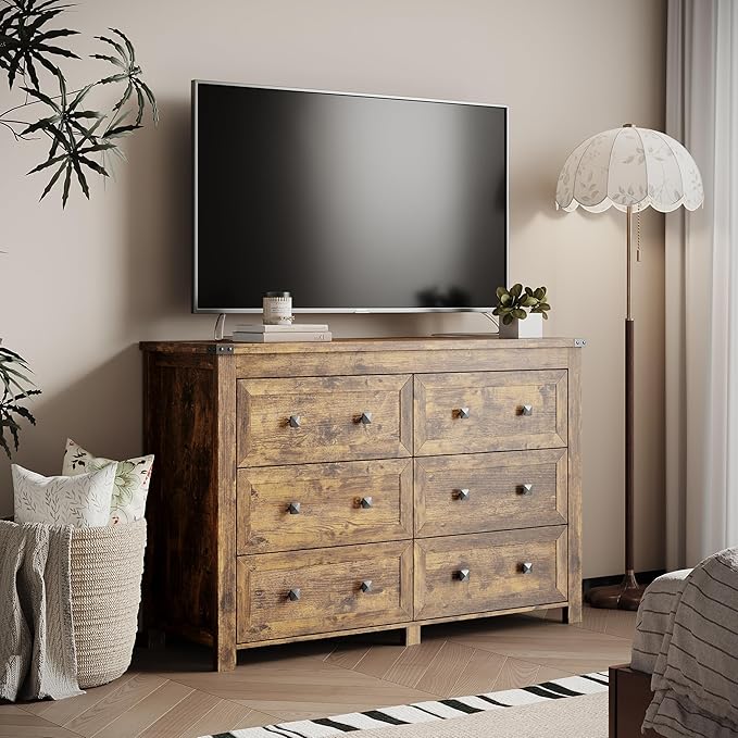 Dresser for Bedroom with 6 Drawers, Farmhouse Wood Chest of Drawers, Wide TV - Image 6