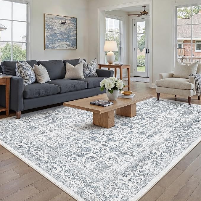 Navy Blue Area Rug 6x9 Machine Washable Vintage Living Room Distressed Non Slip by PureCozy