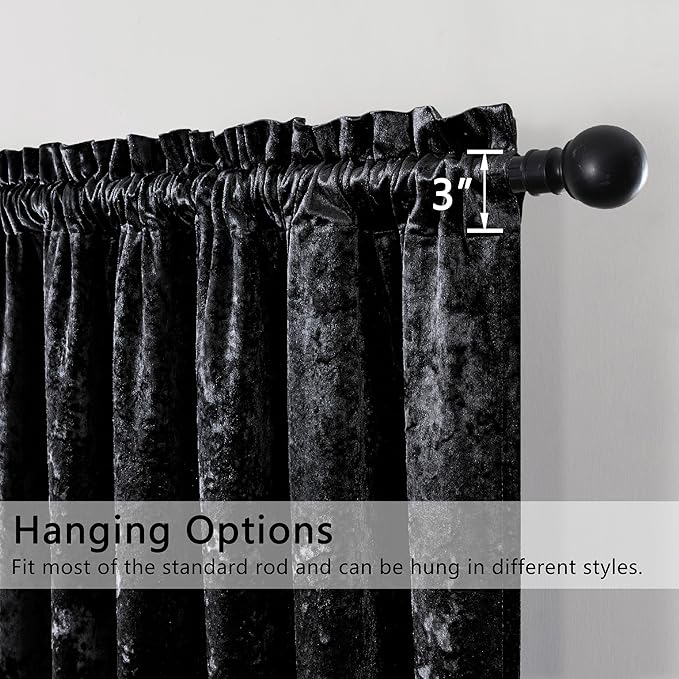 SMILETIME Black Crushed Velvet Curtains 52x108inch Rod Pocket Luxurious Thermal - Image 2