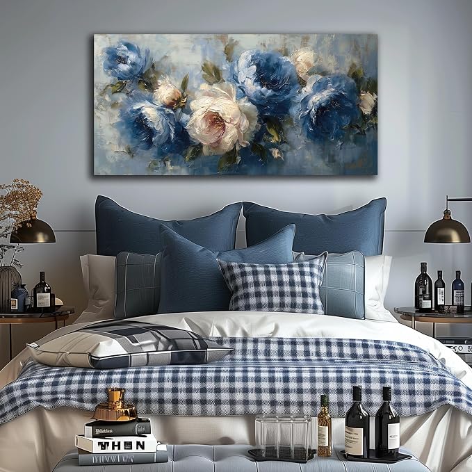 JuhaiArt Peony Floral Wall Art Bedroom Blue Wall Decor White Wall Picture - Image 4