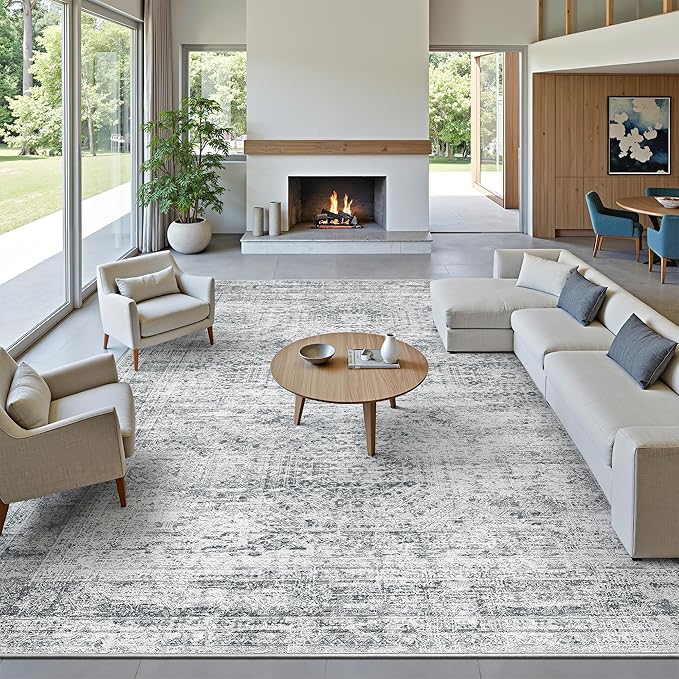 12x15 Washable Area Rug Gray Neutral Abstract Living Room Large Carpet Non Slip - Image 2