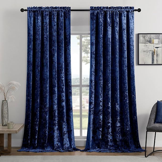 SMILETIME Navy Blue Crushed Velvet Curtains 52x84inch Rod Pocket Luxurious by SMILETIME