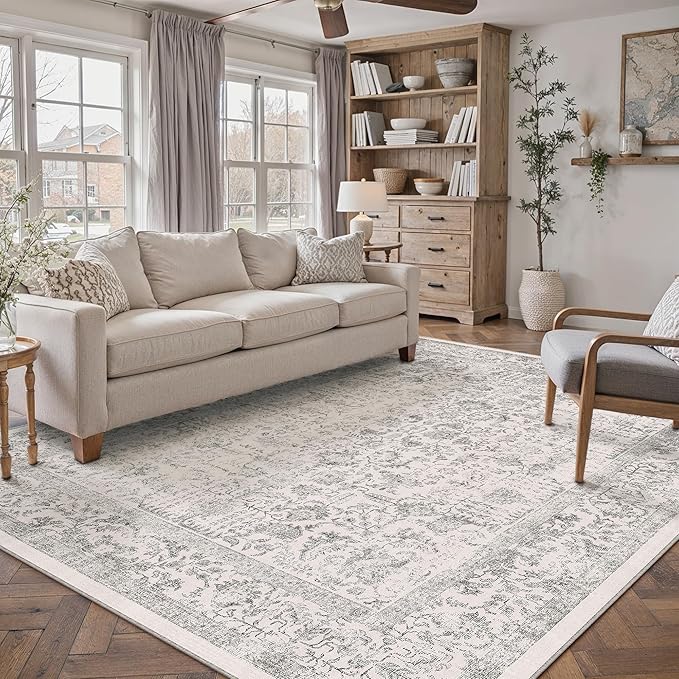 Gray Area Rug 7x9 Machine Washable Vintage Living Room Distressed Non Slip by PureCozy