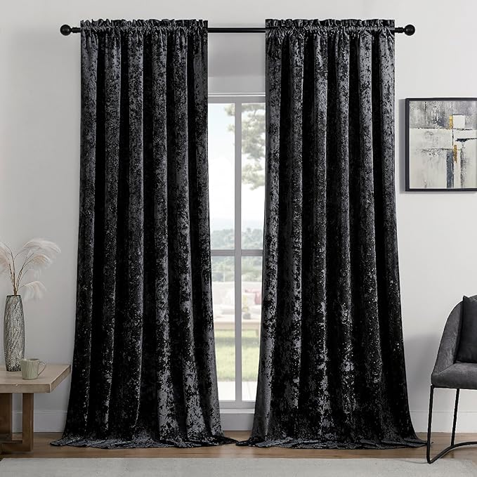 SMILETIME Black Crushed Velvet Curtains 52x108inch Rod Pocket Luxurious Thermal by SMILETIME