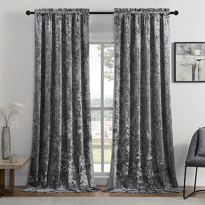 SMILETIME Grey Crushed Velvet Curtains 52x108inch Rod Pocket Luxurious Thermal by SMILETIME
