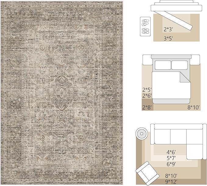 FMFUNCTEX 5x7 Washable Area Rug Neutral Vintage Taupe Non Slip Low Pile - Image 2