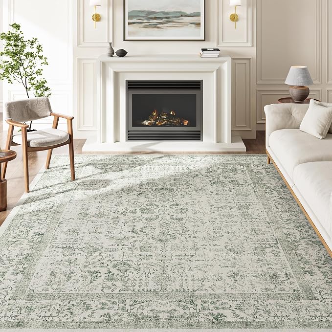 Sage Green Area Rug 9x12 Living Room Washable Carpet Vintage Distressed Non by PureCozy