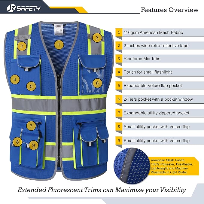 JKSafety 10 Pockets Hi-Vis Neon Color Frontal Zipper Mesh Safety Vest - Image 3