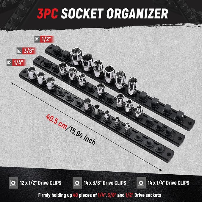 ALOANES Magnetic Socket Organizer Set, 3-Piece Heavy Duty Aluminum Socket - Image 2