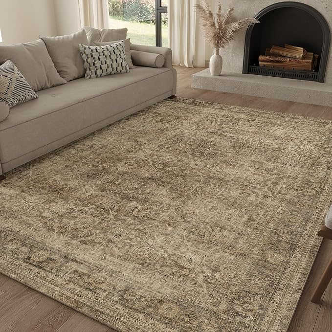 FMFUNCTEX 5x7 Washable Area Rug Neutral Vintage Brown Non Slip Low Pile by Fmfunctex