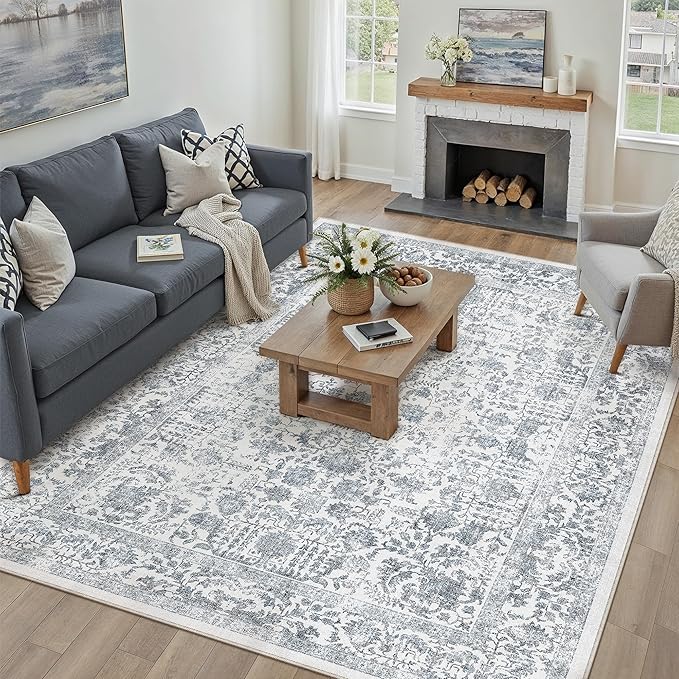 Navy Blue Area Rug 9x12 Machine Washable Large Vintage Living Room Distressed - Image 2