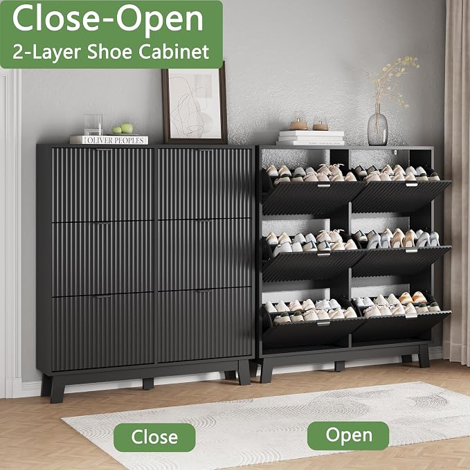 Shoe Cabinet with 6 Flip Drawers, Hidden Slim Wooden Shoe Rack Cabinet - Image 5