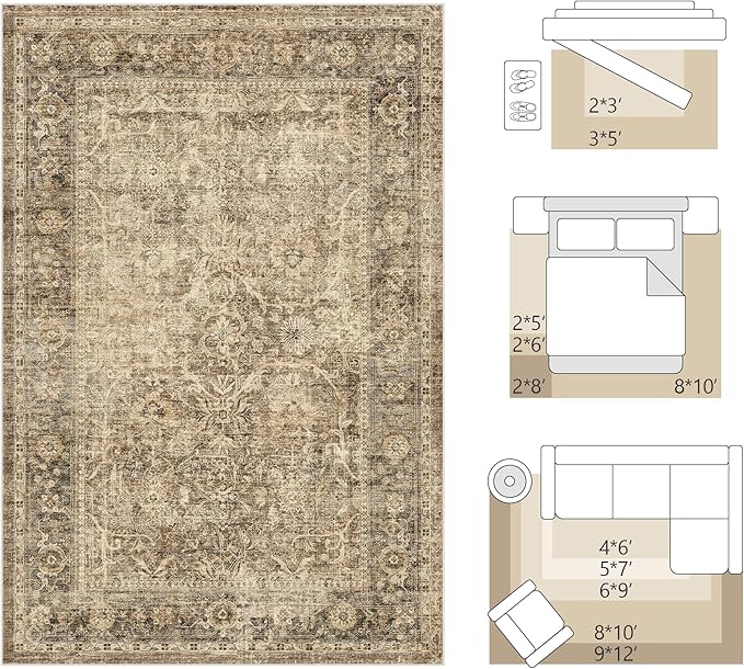 FMFUNCTEX 5x7 Washable Area Rug Neutral Vintage Brown Non Slip Low Pile - Image 8