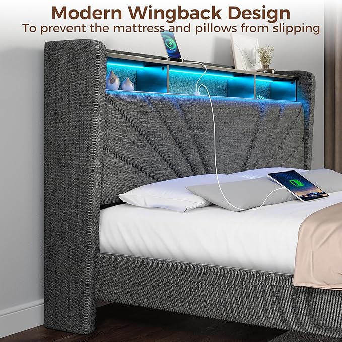 Rolanstar Queen Size Bed Frame, Storage Headboard - Image 4