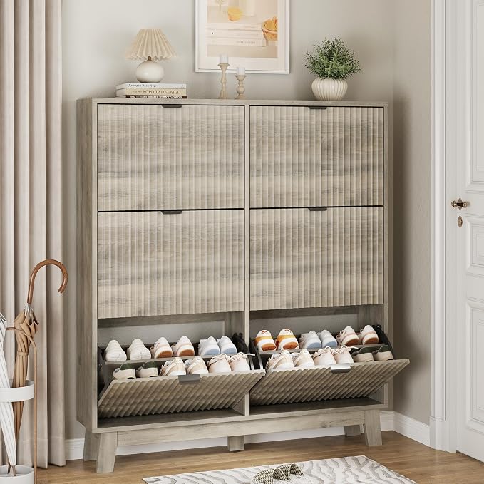 Shoe Cabinet with 6 Flip Drawers, Hidden Slim Wooden Shoe Rack Cabinet by Xixini