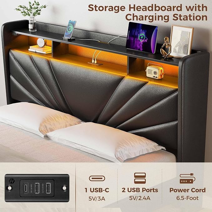 Rolanstar Queen Size Bed Frame, Storage Headboard - Image 5