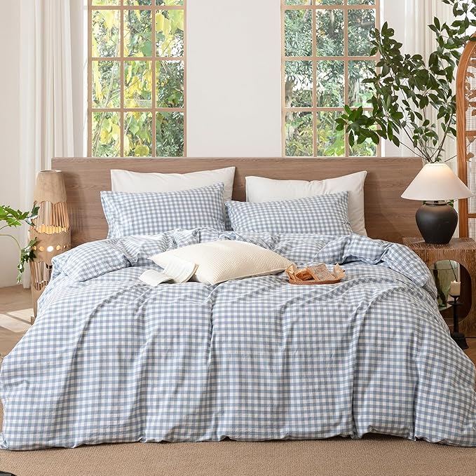 MooMee Gingham Duvet Cover Set 100% Washed Cotton Linen Like Textured by MOOMEE