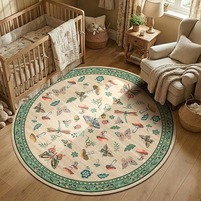 Mushroom Insect 4ft Round Rug Washable Non-Slip Soft Ultra-Thin Small Boho by ROYHOME