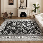 Area Rugs 5x7 Machine Washable Floral Rug Non Silp Faux Wool Vintage Soft Black - Image 8