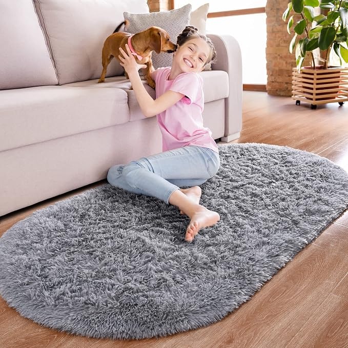 Noahas Fluffy Grey Rugs for Bedroom Living Room, 2.6'X5.3' Oval Throw Rug for - Image 2