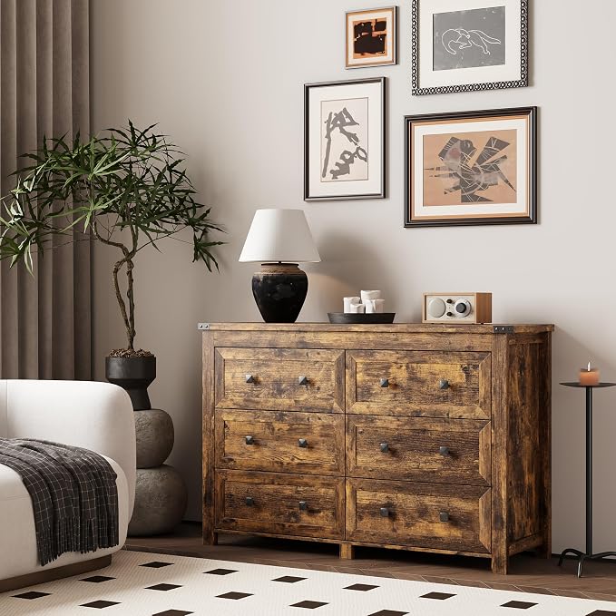 Dresser for Bedroom with 6 Drawers, Farmhouse Wood Chest of Drawers, Wide TV - Image 2