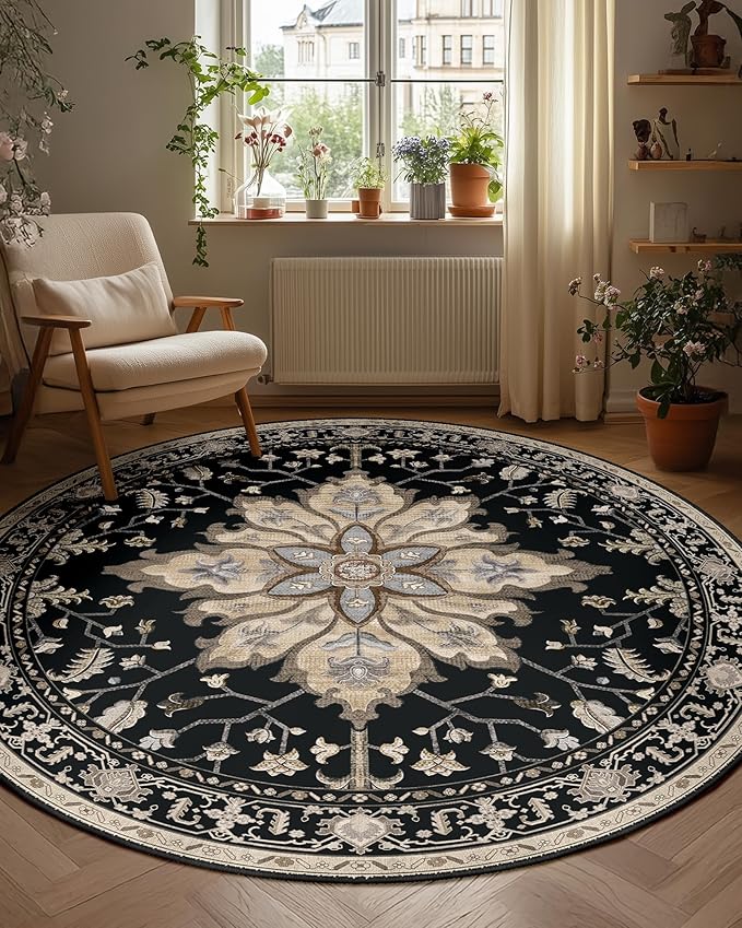 Area Rugs 7ft Washable Non-Slip, Floral Vintage Distress Print Pattern - Image 7