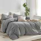MooMee Striped Duvet Cover Set 100% Washed Cotton Linen Like Textured - Image 3