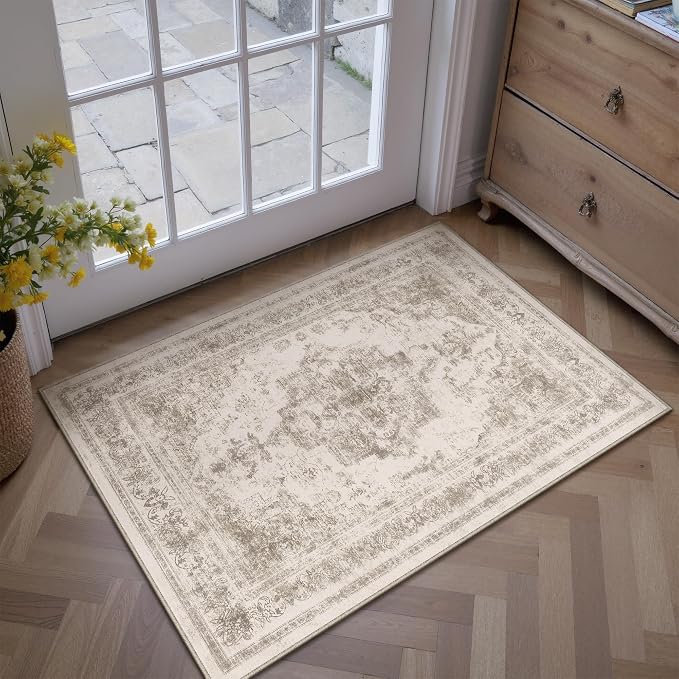 Area Rug 2x3 Beige Washable Entryway Vintage Medallion Carpet Non Slip Low Pile - Image 5