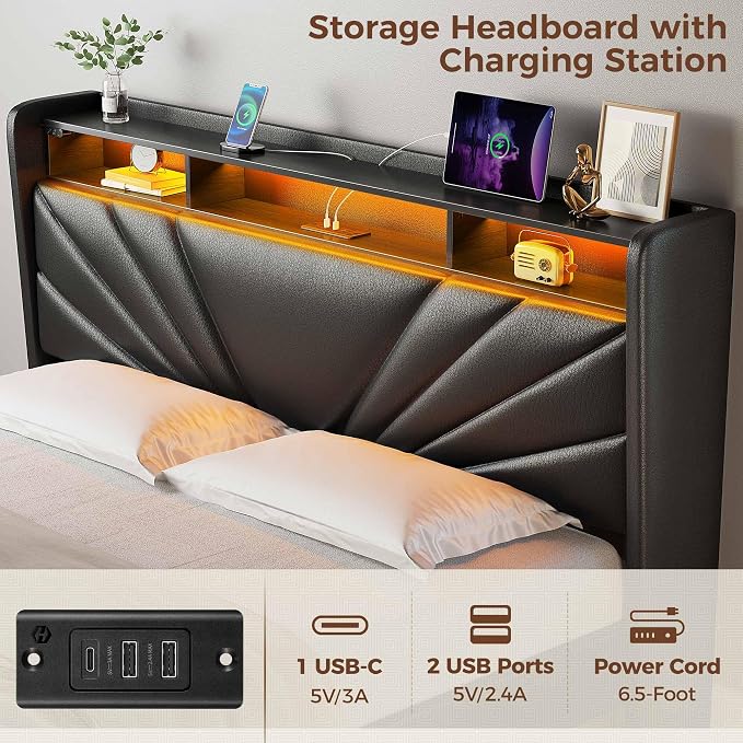 Rolanstar Full Size Bed Frame, Storage Headboard - Image 5