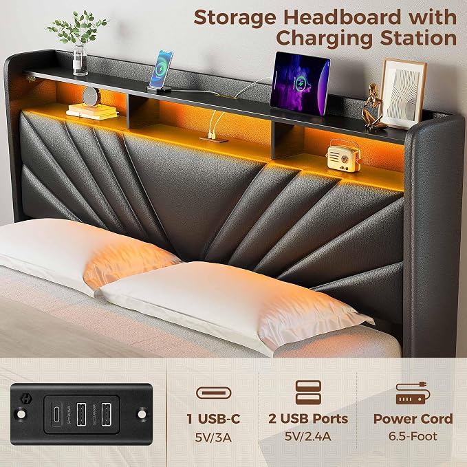 Rolanstar King Size Bed Frame, Storage Headboard - Image 5