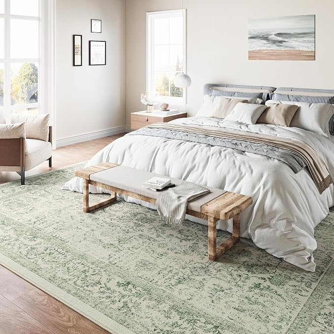 Sage Green Area Rug 9x12 Living Room Washable Carpet Vintage Distressed Non - Image 6